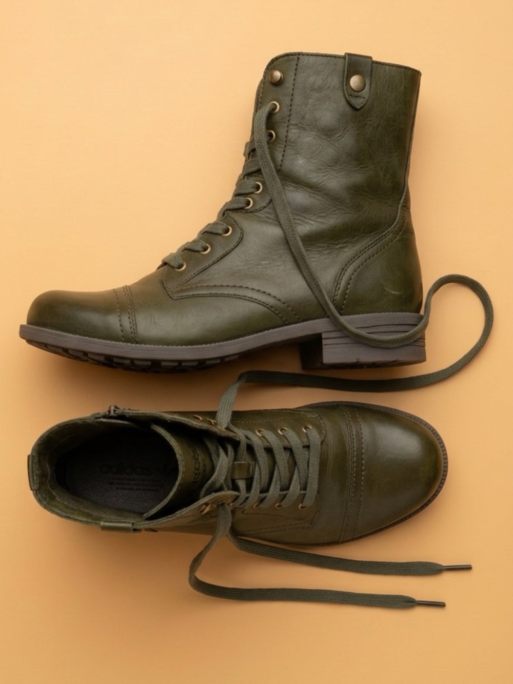 Rockport Khaki Leather Combat Boots Olive Green Military Lace‑Up Zip 9.5